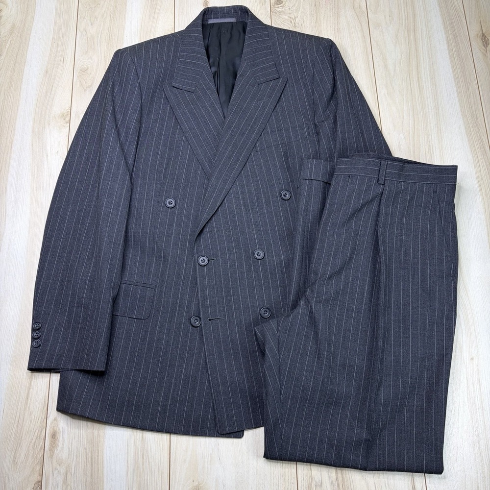 DUNHILL TRAVELLER Double Breasted Striped Wool Suit Mens 40R 33x30 Gray England